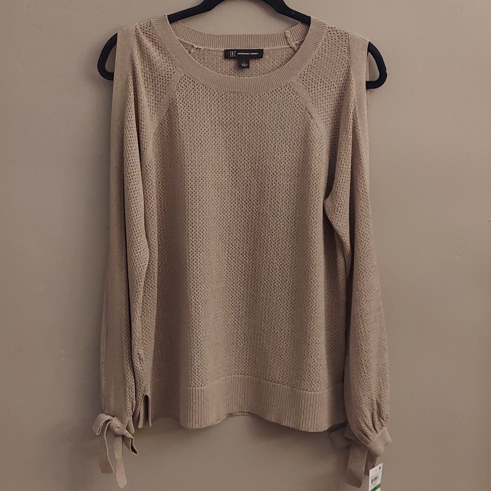 NEW INC INTERNATIONAL CONCEPTS L Tan Metallic Split Long Sleeve Knit Sweater - Picture 3 of 16
